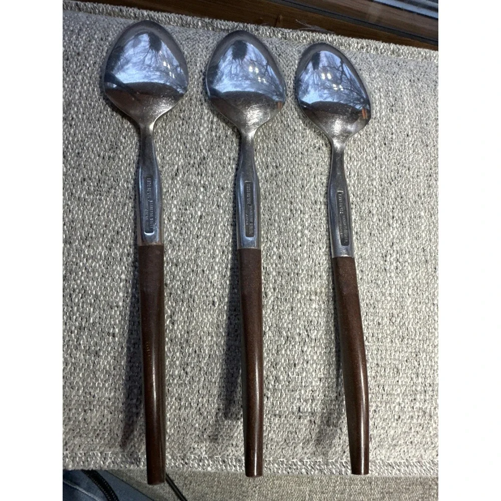Vintage Interpur Japan Stainless Steel Spoons Brown Faux Wood‎ Set of 3 MCM